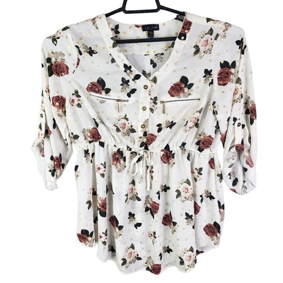 Women's J For Justify Floral Peasant Blouse Top V Neck Roll Tab Sleeve Size XL - Picture 1 of 11